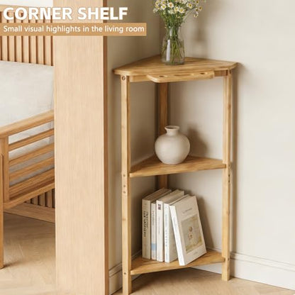 Natural Bamboo Corner Shower Stand, 3-Tier Wooden Standing Shower Organizer, Waterproof Space-Saving Bathroom Corner Shelf for Shower, Kitchen or Living Room