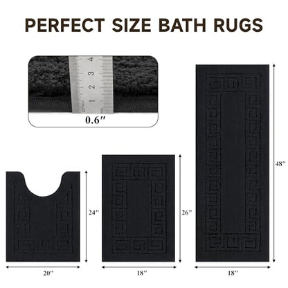 Pauwer Bathroom Rugs Sets 3 Piece, Plush Absorbent Bath Rug, Black | Microfiber Bath Mat Set, Non Slip Washable, Quick Dry Floor Carprt, Soft U Shaped Toilet Mats For Bathroom Shower Sink - color: Black
