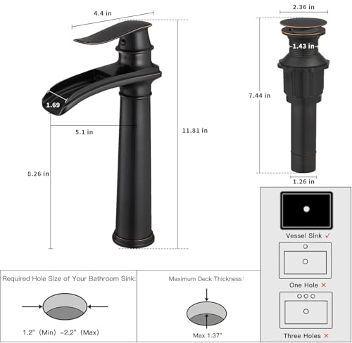 BWE Bathroom Vessel Sink Faucet Waterfall Spout Single Handle One Hole | Oil Rubbed Bronze Tall Vessel Lavatory Vanity Bathroom Faucet with Pop Up Drain and Supply Hose,Solid Brass,Deck Mount - color: Oil Rubbed Bronze, size: 11.81 inch Vessel Version