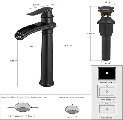 BWE Bathroom Vessel Sink Faucet Waterfall Spout Single Handle One Hole | Oil Rubbed Bronze Tall Vessel Lavatory Vanity Bathroom Faucet with Pop Up Drain and Supply Hose,Solid Brass,Deck Mount - color: Oil Rubbed Bronze, size: 11.81 inch Vessel Version
