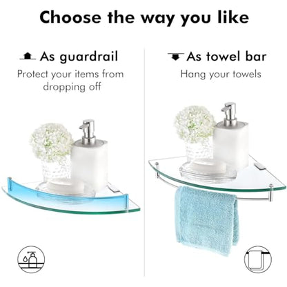 Glass Corner Shelf Bathroom Shelf Tempered Glass with Rail SUS 304 Stainless Steel Floating Wall Mount Bracket Brushed Nickel