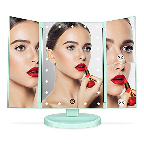 Tri-Fold Lighted Vanity Tabletop Mount Mirror with 21 LED Lights, Touch Screen and 3X/2X/1X Magnification, Two Power Supply Mode Make up Mirror,Travel Mirror - color: Green