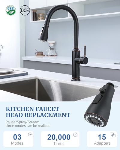 Kitchen Faucet Head Replacement, 15 Adapters, 3-Mode Pull Down Sprayer Head | 3 Functions Stream Spray Pause, Easy to Install, Pull Out Nozzle, Oil Rubbed Bronze, Compatible with Moen Delta Hansgrohe - color: Oil Rubbed Bronze
