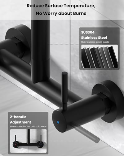 Matte Black Wall Mount Kitchen Sink Faucet 2 Handles, 8 Inch Center Wall Commercial Utility Sink Faucet with Pull Out Sprayer 3 Modes, Stainless Steel - color: 2-Handle-Black, style: Wall Mount