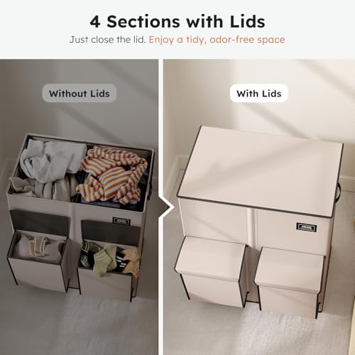 SOLEDI 180L Double Laundry Hamper with Lid and 2 Side Pockets, Dual Hamper | 2 Section Laundry Basket, Removable & Washable Laundry Bags, 180L Large Capacity, for Bedroom, Bathroom, Laundry Room, Dorm - color: Light taupe