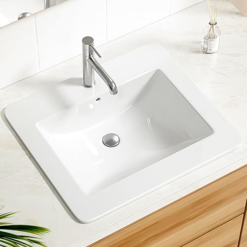 Enbol 21" x 18" Drop-In Bathroom Sink – White Ceramic Rectangular Semi Recessed Bathroom Vessel Sink Top Mount with Single Hole & Overflow (Model O2118） - style: 21.5" X 18.8"