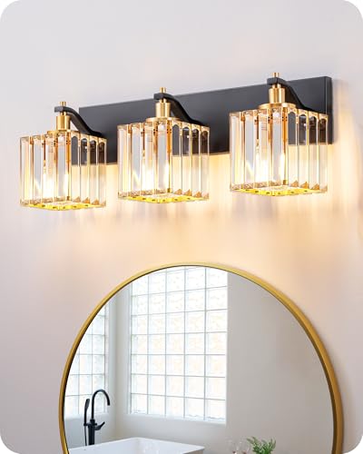EDISHINE Modern 3-Light Crystal Bathroom Vanity Wall Light, Black & Gold | E26 Base, Corrosion-Resistant Plated Metal Head, Brass Light Fixtures Over Mirror, Ideal for Powder Room, Dressing Areas - color: Black Gold