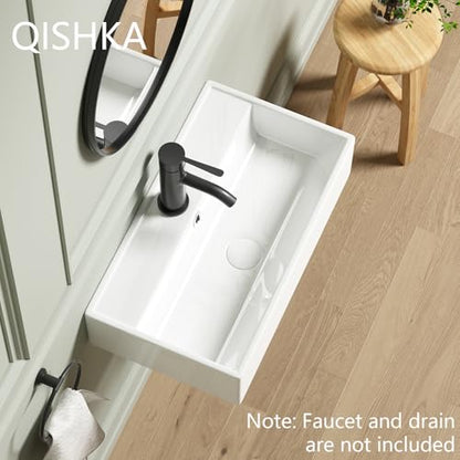 Wall Mount Rectangular Vessel Sink with Towel Rack, QISHKA 21.5"x12.5" Modern Ceramic Bathroom Floating Sink, White Rectangle Vanity Sink with Overflow, Wall Hung Wash Hand Basin - size: 21.5" x 12.5" x 5.1"