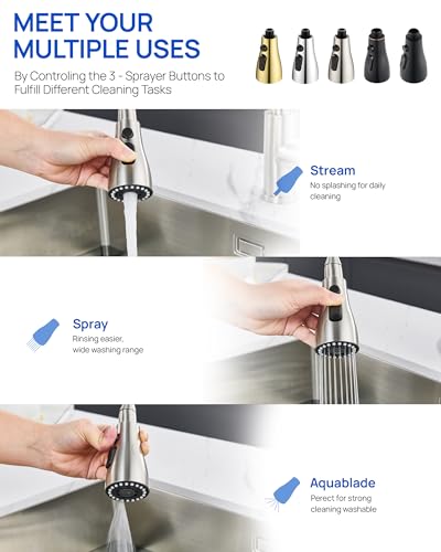 J-HVA Pull Down Kitchen Faucet Sprayer Head Replacement Part,Brushed Nickel | with 15 Adapters, 3 Function Pull Out Sink Sprayer Replacement Nozzle, Kitchen Faucet Head Hose Spray Tap Spout - color: Brushed Nickel