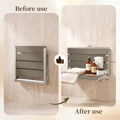 Wall Mount Shower Seat 18" for Adults | Shower Bench Wall Mount for Inside Shower, Fold Down Shower Seat, Shower Seats for Adults - color: Grey & Stainless Steel & Silver