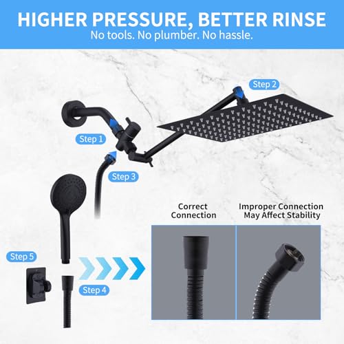 Peicuai Shower Head Combo, 10-Inch High-Pressure Rainfall Shower Head with 11-Inch Adjustable Extension Arm, 5-Setting Matte Black Handheld Shower with Long Hose, Powerful Spray for Low Water Pressure - color: 10-Inch Matte Black