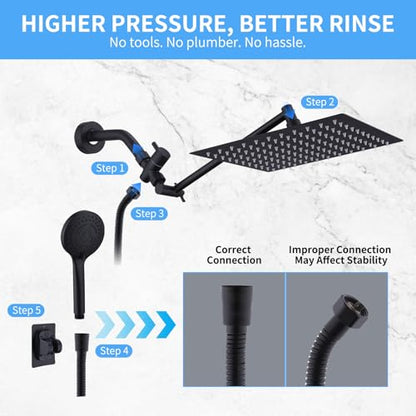 Peicuai Shower Head Combo, 10-Inch High-Pressure Rainfall Shower Head with 11-Inch Adjustable Extension Arm, 5-Setting Matte Black Handheld Shower with Long Hose, Powerful Spray for Low Water Pressure - color: 10-Inch Matte Black