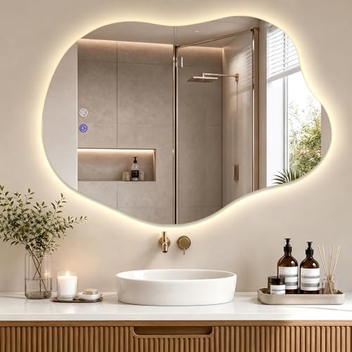 Irregular Backlit LED Bathroom Mirror with Lights, 35" H x 25" W | Asymmetrical Cloud Led Lighted Vanity Mirror for Wall+Anit-Fog+3 Colors+Stepless Dimmable(Horizontal/Vertical) - size: 35"L x 25"W