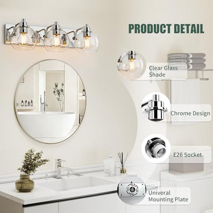 3 Light Bathroom Light Fixtures-Chrome Bathroom Vanity Lights, Modern Vanity Lights 3-Light Bathroom Lighting Fixtures Over Mirror with Clear Glass Globe Shade - color: Polished Chrome, size: 3-Light