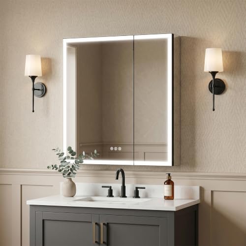 30x32 Black Lighted Medicine Cabinet with Mirror, AL Alloy Frame, Plug-in or Hardwired, Recessed or Wall Mount, Anti-Fog, 3-Color Dimmable Lights, USB-C&USB-A+ 2 Outlets, 3 Shelves - size: 30x32
