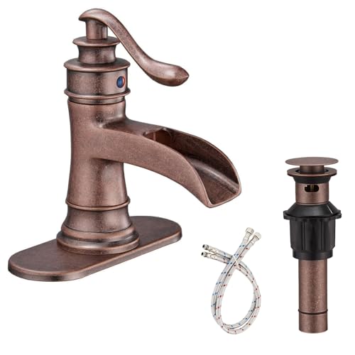 Bathroom Sink Faucet Waterfall Bath Faucets with Pop Up Drain Stopper | Antique Copper,Single Handle Single Hole, Commercial Rustic Farmhouse Vanity Sink,with Supply Lines Hose By Bathfinesse - color: Copper
