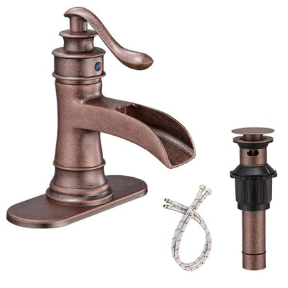 Bathroom Sink Faucet Waterfall Bath Faucets with Pop Up Drain Stopper | Antique Copper,Single Handle Single Hole, Commercial Rustic Farmhouse Vanity Sink,with Supply Lines Hose By Bathfinesse - color: Copper