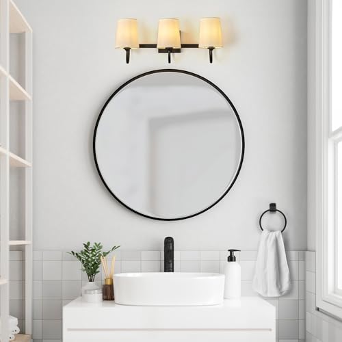 Globe Electric 63000206 5-Piece All-in-One Bathroom Set, 3-Light Vanity Light, Matte Black, Linen Shades, Towel Bar, Robe Hook, Toilet Paper Holder, Towel Ring, Bathroom Lights Over Mirror - color: Matte Black, Linen