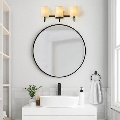 Globe Electric 63000206 5-Piece All-in-One Bathroom Set, 3-Light Vanity Light, Matte Black, Linen Shades, Towel Bar, Robe Hook, Toilet Paper Holder, Towel Ring, Bathroom Lights Over Mirror - color: Matte Black, Linen