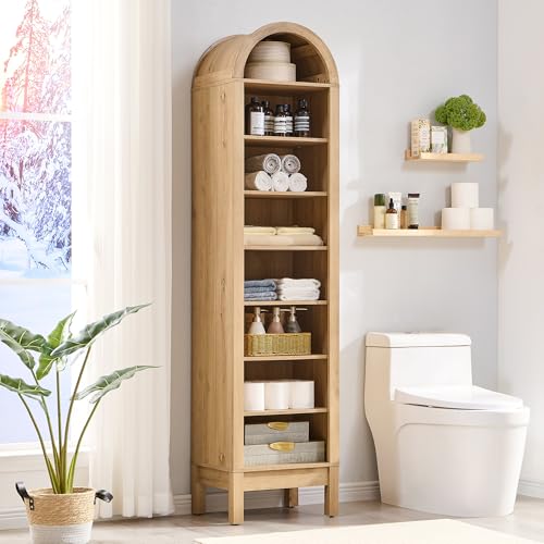 IFBUY 71" Tall Arched Bathroom Storage Cabinet, 8-Tier Modern Farmhouse Storage Cabinet with Adjustable Shelves, Wood Freestanding Cabinet for Bathroom, Living Room, Entryway, Hallway (Natural) - color: Natural, size: 71" Tall 8-Tiers(Middle)