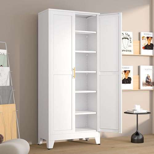 Metal Pantry Cabinet with 2 Doors and 5 Adjustable Shelves, 75"Kitchen Storage cabinets with Gold Handles, Versatile Storage for Laundry Room, Living Room, Bathroom, Dinning Room, Utility Room-White - color: 2d-white, size: 15.75"D x 31.5"W x 75.2"H