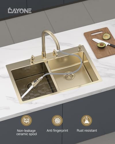 DAYONE 2 Handle Kitchen Faucet with Pull Down Sprayer Brushed Gold, 4 Holes Sink Faucets for Kitchen/RV with Soap Dispenser Stainless Steel - color: Brushed Gold, style: 4 Holes Pull Down