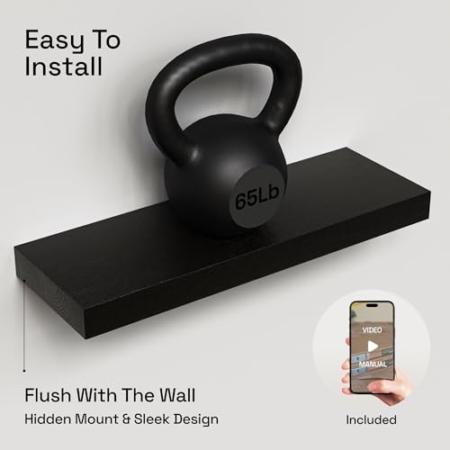 Solid Wood Floating Shelves for Wall 20 Inch Black, Wooden Bathroom Shelf | Real Wood, Heavy-Duty, Wall Mounted, Bedroom Kitchen Living Room, Rustic, Black Finish, 20W x 6.7D, Set of 2 - color: Black, size: 20 Inch