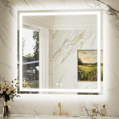 Keonjinn Beveled Lighted Mirror for Bathroom Wall 36" x 36", Tempered Glass | Frontlit & Backlit, LED Bathroom Mirror with Light, 3000K/4500K/6000K, Fast Anti-Fog, Stepless Dimmable, Memory Function - size: 36"L x 36"W