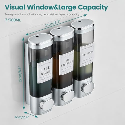 Shower Soap Dispenser 3-Chamber Wall Mount Shampoo Dispenser,Silver | Latch design No Drill Shampoo and Conditioner Dispenser for Bathroom Hotel, Durable ABS Material Large Capacity - color: 3silver