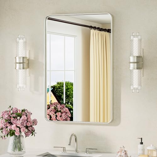 TETOTE Brushed Nickel Bathroom Mirror 20 x 30 Brushed Nickel Metal Framed Bathroom Mirror, Tempered Glass, Modern Farmhouse Wall Mounted Mirror for Decorative(Horizontal/Vertical) - color: Brushed Nickel, size: 30"L x 20"W