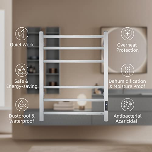 Electric Towel Warmer - Wall Mounted Bathroom Heated Towel Rack, Plug-in Design & Brushed Stainless Steel Finish (Square Brushed with Timer ETW13CS, 6 Bar)