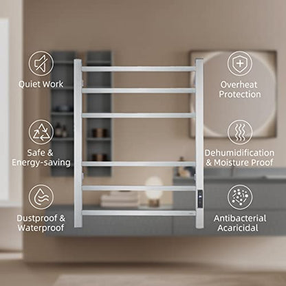 Electric Towel Warmer - Wall Mounted Bathroom Heated Towel Rack, Plug-in Design & Brushed Stainless Steel Finish (Square Brushed with Timer ETW13CS, 6 Bar)