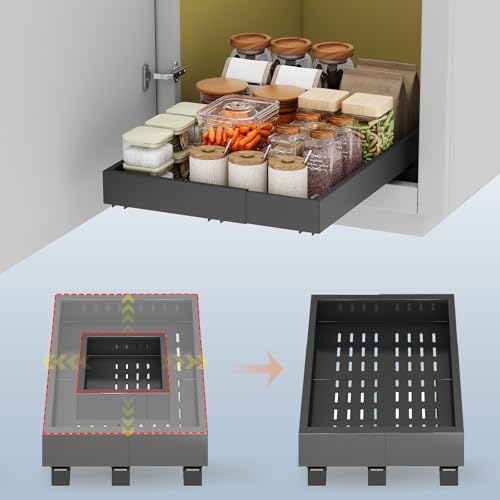 Fokyfok Pull out Cabinet Organizer,11"-16"W,17"-24"D,Expandable,Adhesive | No Drill,3 Rails,Roll out Drawers,Adjustable Slide out Shelves for Kitchen,Pantry,Framed and Framless Cabinets,Black,1PC - color: Black, size: (11"W-16"W)X(17"D-24"D)