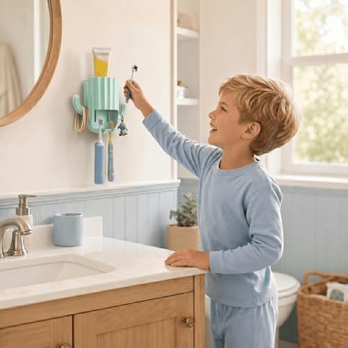Kids Toothbrush Holder Wall Mount, Cute Cactus (Light Green) | Bathroom Organizer, PP Cactus Holder, Toothbrush Toothpaste Hair Tie Accessories,Multi-Function Organizer - color: Green