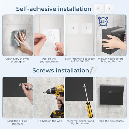 Sanitary Napkin Disposal Receptacle,9.4x7.8x3.5 inch Stainless Steel Wall Mounted Feminine Hygiene Waste bin with Disposable Sanitary Bags and Trash Bag Set for Bathroom,Office (Black) - color: Black