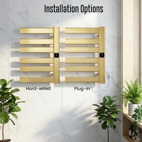 Towel Warmer, Heated Towel Rack with Built-in Timer and Temperature Control,Hard-Wired(Right-Wiring)/Plug-in Wall-Mounted Towel Rail, Aluminum, 18.8" W X 25.6" H, Gold - color: Gold, size: 18.8"L x 25.6"H