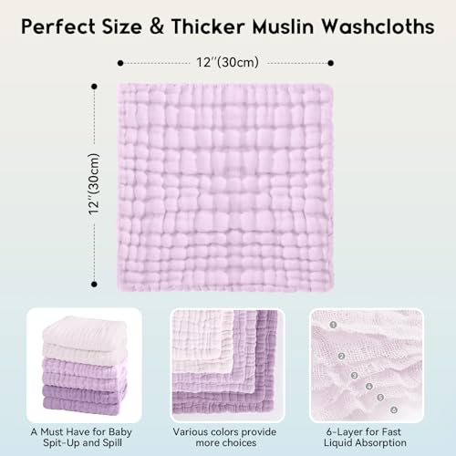 Unnivoll Muslin Burp Cloths Baby 12''X12'', Baby Washcloths 6 Pack, 100% Cotton Baby Wash Cloths Absorbent and Soft for Newborn Infants Kids Boys Girls - Gradient Purple - color: Gradient Purple