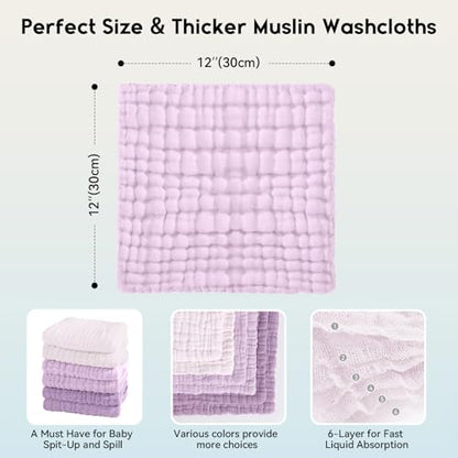 Unnivoll Muslin Burp Cloths Baby 12''X12'', Baby Washcloths 6 Pack, 100% Cotton Baby Wash Cloths Absorbent and Soft for Newborn Infants Kids Boys Girls - Gradient Purple - color: Gradient Purple