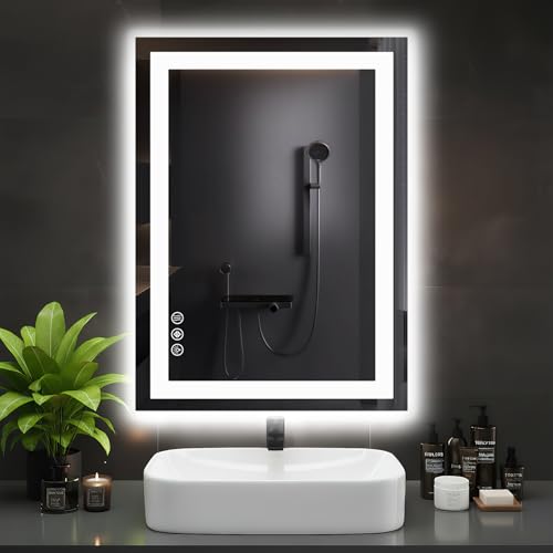 LED Bathroom Mirror with Lights, 32x24 Inch Wall Mount Vanity Mirror for Over Sink with Anti-Fog, 3 Colors Brightness, Backlit + Front Lit, Memory Function, Shatterproof and Tempered Glass - color: Led-white Rect, size: 32"L x 24"W