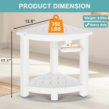 NALONE Corner Shower Stool, HDPE Shower Bench for Inside Shower, Small Shower Chair Seat for Shaving Legs with Storage Shelf, Soap Box and No-Slip Feet (White) | Small Shower Chair Seat for Shaving Legs, with Storage Shelf, Soap Box and No-Slip Feet, All