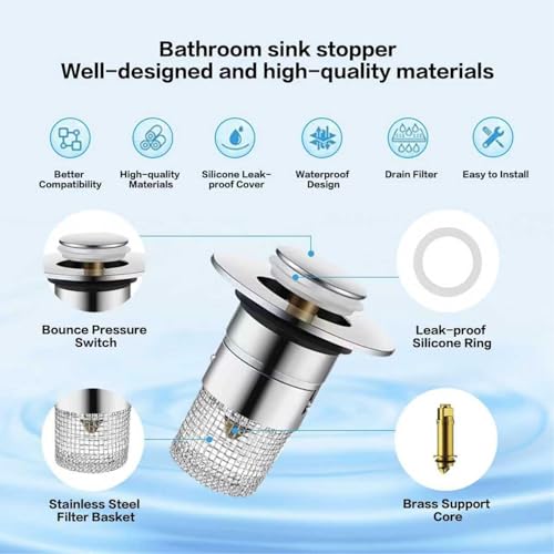 2-Piece Stainless Steel Bathroom Sink Plugs, Bathtub Drain Stoppers, Pop-Up Sink Drain Strainer Features Removable Stainless Steel Strainer with Hair Catcher Compatible with American Sink strainers