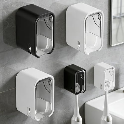 3pc Wall Mount Toothbrush Holder with Lid Self Adhesive, No Drill | Clear Acrylic Dustproof Cover, Fits Electric Toothbrushes, Hygienic for Bathroom & Travel - size: 1 Black , 1 White & 1 Grey