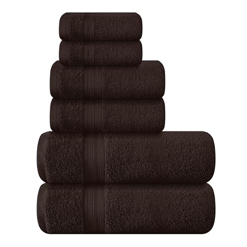 BOUTIQUO 6 Pack Cotton Towel Set, Contains 2 Bath Towels 27x54 inch, 2 Hand Towels 16x24 inch & 2 Wash Coths 12x12 inch, Ideal Everyday use, Ultra Soft Compact & Lightweight - Chocolate Brown - color: Chocolate Brown, size: 6 Piece Towel Set