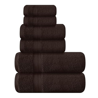 BOUTIQUO 6 Pack Cotton Towel Set, Contains 2 Bath Towels 27x54 inch, 2 Hand Towels 16x24 inch & 2 Wash Coths 12x12 inch, Ideal Everyday use, Ultra Soft Compact & Lightweight - Chocolate Brown - color: Chocolate Brown, size: 6 Piece Towel Set