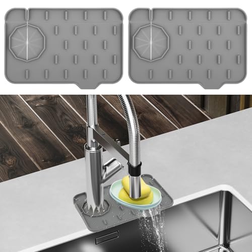 2Pcs Silicone Sink Faucet Splash Guard Mat, Soap Dish Pad Faucet Handle Drip Catch Sponge Holder Sink Protector Tray with Outlet & Slope for Bathroom Kitchen Countertop RV Gadget 8.3 x 5.3 Inch