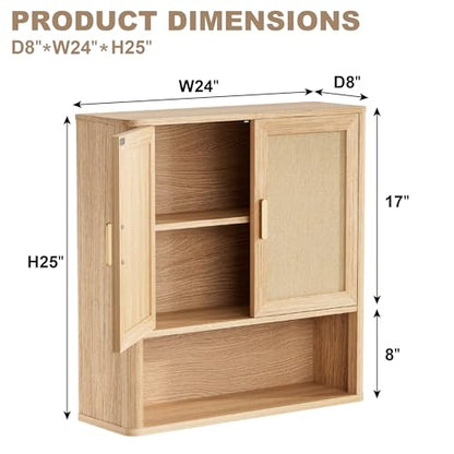 Rattan Bathroom Wall Cabinet with Open Compartments, Wall-Mounted Medicine Cabinet with Adjustable Wood Shelf & Doors, Over the Toilet Storage Cabinet for Laundry Room & Kitchen & Living Room - color: Oak Wood