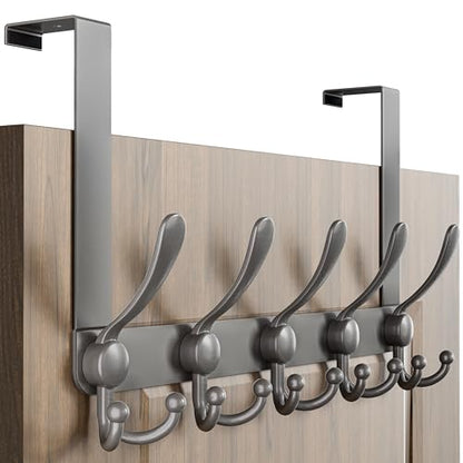 Over Door Hook 2.0 - Upgraded Version - Simple-Assembly, Strong, Heavy-Duty Stainless Steel 5-Tri-Hook Over The Door Hanger Rack, SimpleStrong Series, Grey - color: Gray