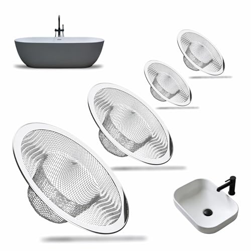 Heavy Duty Stainless Steel Sink Strainer Set, 4 Pack, for Kitchen, Bathroom, and Bathtub Drains, 3 Sizes