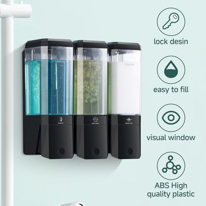 Shampoo and Conditioner Dispenser 3 Chamber No Drill Shampoo Dispenser for Shower Wall Mounted Shower Soap Dispenser 3 * 500ml Refillable Shower Dispenser for Bathroom Hotel(Black 3 Chamber) - color: Black-clear-3