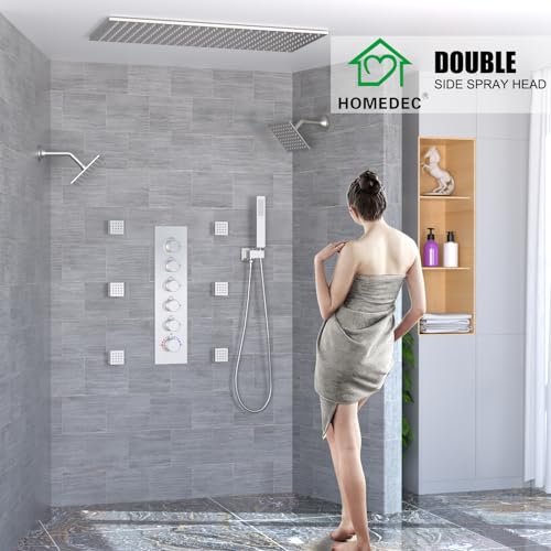 HOMEDEC Dual Side 6" Wall Mounted Shower System, 15.7x31.5" Ceiling Rain Shower, with Handheld and 6 Spray Jets, Brushed Nickel - color: Brushed Nickel, style: 5-Way + 2x 6" Top